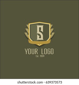 Number 5 logo design. Luxury shield crown brand concept. Classic emblem sign.
