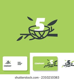 Plantilla de diseño del logotipo número 5 con icono del nido de aves y tarjeta de visita. Ilustración del vector