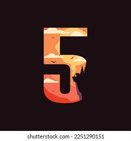 Number 5 logo icon with cliff and sunset. Vector illustration, eps 10.