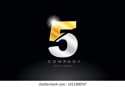number 5 logo icon design with gold silver grey metal on black background suitable for a company or business