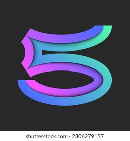 Nummer 5 Logo aus hellen Papierschichten auf dunklem Hintergrund, Ziffer 5 mit lebendigem Farbverlauf mit Schatten, kreatives Design für T-Shirt-Druck.