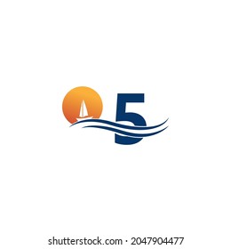 Logotipo número 5 con icono de paisaje oceánico vectorial