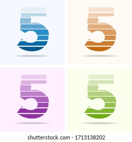 Conjunto de logotipos número 5, emblema moderno, plantilla de elementos de diseño. Diseño numérico en colores naranja, azul, violeta y verde. Vector aislado


