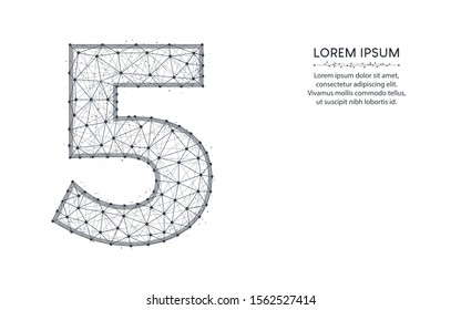 Number 5 low poly design, mathematics abstract geometric image, five wireframe mesh polygonal vector illustration made from points and lines on white background