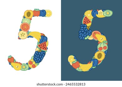 El número 5 se compone de frutas y bayas de colores brillantes. Cinco diferentes, uno sobre un fondo blanco y otro sobre un fondo azul oscuro. Dibujado a mano en estilo garabato.