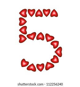 Number 5 made of hearts on white background
