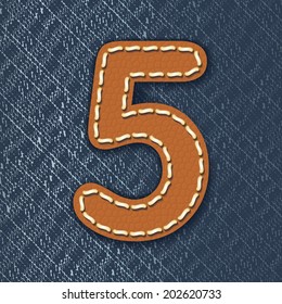 Number 5 made from leather on jeans background - vector illustration