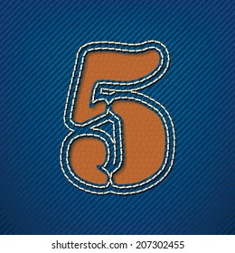 Number 5 made from leather on jeans background - vector illustration