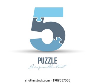 Number 5 is made up of puzzles. Vector illustration for logo, brand logo, sticker or scrapbooking, for education. Simple style.