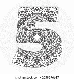 Number 5 with Mandala. decorative ornament in ethnic oriental style. coloring book page