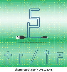 Number 5 and mathematical symbols laid cable. USB blue cable, vector illustration. Background microchip