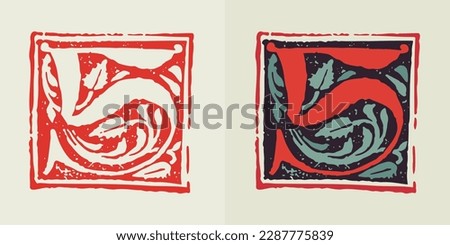 Number 5. Medieval gothic initial of number five. Blackletter style drop cap logo. Dim colored and monochrome square shaped illuminated calligraphy. Perfect for Middle Ages poster, vintage identity.
