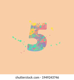 Number 5 with multicolored mixed spots of pink, yellow, blue, turquoise paint on peach background. Design for banners, flyers, tags, decorations, poster or invitation.