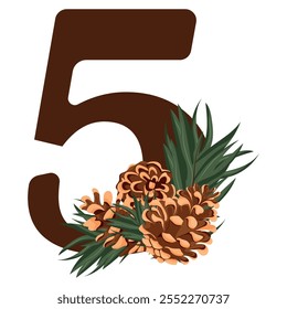 number 5 with new year design, namely different pine cones and pine branches for christmas and new year designs