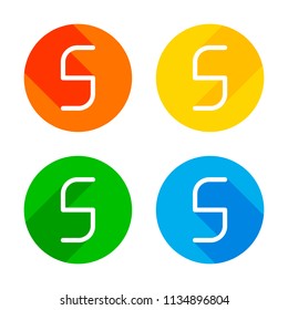 Number 5, numeral, fifth. Flat white icon on colored circles background. Four different long shadows in each corners