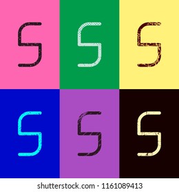 Number 5, numeral, fifth. Pop art style. Scratched icons on 6 colour backgrounds. Seamless pattern