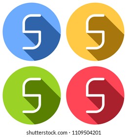 Number 5, numeral, fifth. Set of white icons with long shadow on blue, orange, green and red colored circles. Sticker style