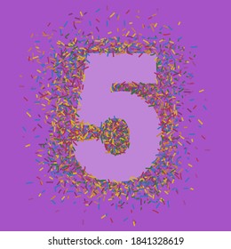 Number 5 on a colorful background with scattered confetti. Five years celebration concept. Vector.