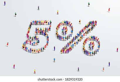 Nummer 5 Prozent. Große Gruppen von Menschen bilden eine Form 5% zu schaffen. Sonderangebot Verkaufsdesign. Vektorgrafik von Werbebannern.