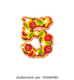 Number 5 pizza font. Italian meal alphabet numeral five. Lettring fast food
