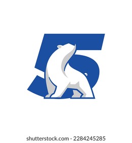 Number 5 with polar bear logo design template. Creative vector symbol.