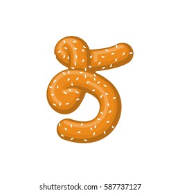 Number 5 pretzel. snack font five symbol. Food alphabet sign. Traditional German meal is ABC. Bake numeric

