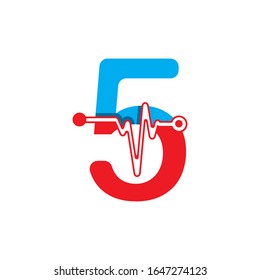 Number 5 with Pulse Logo Vector Element Symbol Template