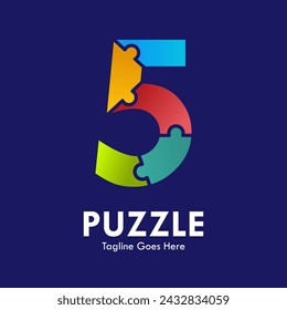 Number 5 puzzle pieces colorful vector logo design. template illustration