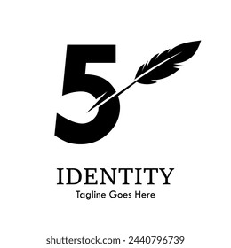 Number 5 with quill feather design template illustration. suitable for education, lawyer, learning brand, publishing related business.