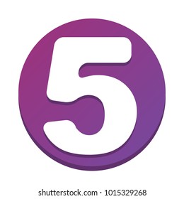 Number 5 sign design template element. Vector. White icon with flat shadow on purpureus circle at white background. Isolated.