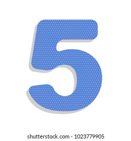 Number 5 sign design template element. Vector. Neon blue icon with cyclamen polka dots pattern with light gray shadow on white background. Isolated.