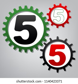 Number 5 sign design template element. Vector. Three connected gears with icons at grayish background.