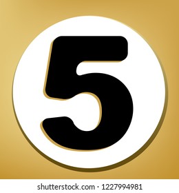 Number 5 sign design template element. Vector. Black icon with light brown shadow in white circle with shaped ring at golden background.
