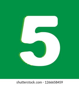 Number 5 sign design template element. Vector. White flat icon with yellow striped shadow at green background.