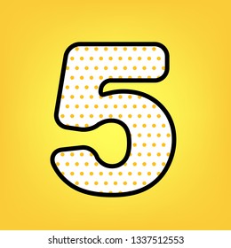 Number 5 sign design template element. Vector. Yellow polka dot white icon with black contour at warm yellow background.