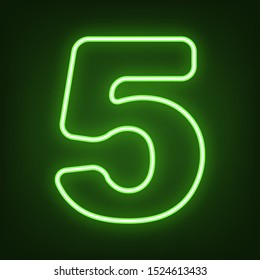 Number 5 sign design template element. Green neon icon in the dark. Blurred lightening. Illustration.