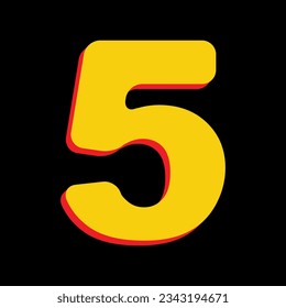 Number 5 sign design template element. 3D Extruded Yellow Icon with Red Sides a Black background. Illustration.