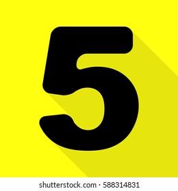 Number 5 sign design template element. Black icon with flat style shadow path on yellow background.