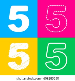 Number 5 sign design template element. Four styles of icon on four color squares.