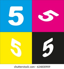 Number 5 sign design template element. Vector. White icon with isometric projections on cyan, magenta, yellow and black backgrounds.