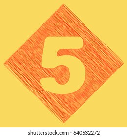 Number 5 sign design template element. Vector. Red scribble icon obtained as a result of subtraction rhomb and path. Royal yellow background.