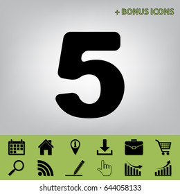 Number 5 sign design template element. Vector. Black icon at gray background with bonus icons 