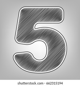 Number 5 sign design template element. Vector. Pencil sketch imitation. Dark gray scribble icon with dark gray outer contour at gray background.