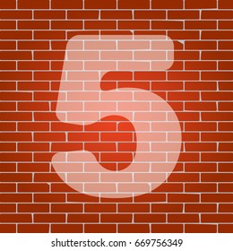 Number 5 sign design template element. Vector. Whitish icon on brick wall as background.