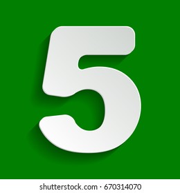 Number 5 sign design template element. Vector. Paper whitish icon with soft shadow on green background.