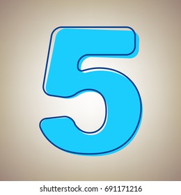Number 5 sign design template element. Vector. Sky blue icon with defected blue contour on beige background.