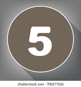 Number 5 sign design template element. Vector. White icon on brown circle with white contour and long shadow at gray background. Like top view on postament.