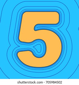 Number 5 sign design template element. Vector. Sand color icon with black contour and equidistant blue contours like field at sky blue background. Like waves on map - island in ocean or sea.