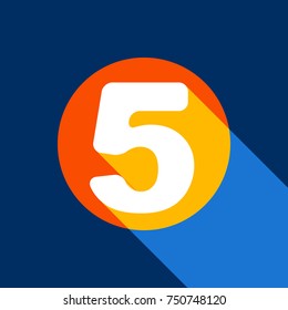 Number 5 sign design template element. Vector. White icon on tangelo circle with infinite shadow of light at cool black background. Selective yellow and bright navy blue are produced.