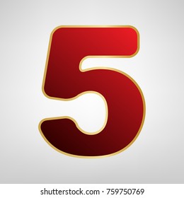 Number 5 sign design template element. Vector. Red icon on gold sticker at light gray background.